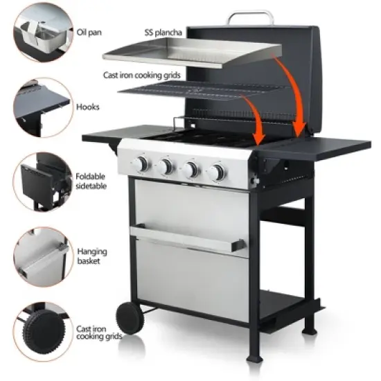 Dolonm 4-Burner 49,200 BTU Gas Grill w/Stainless Plancha & XL Enamel Grids - Foldable Side Tables, 6 Hooks - Outdoor BBQ image {5}