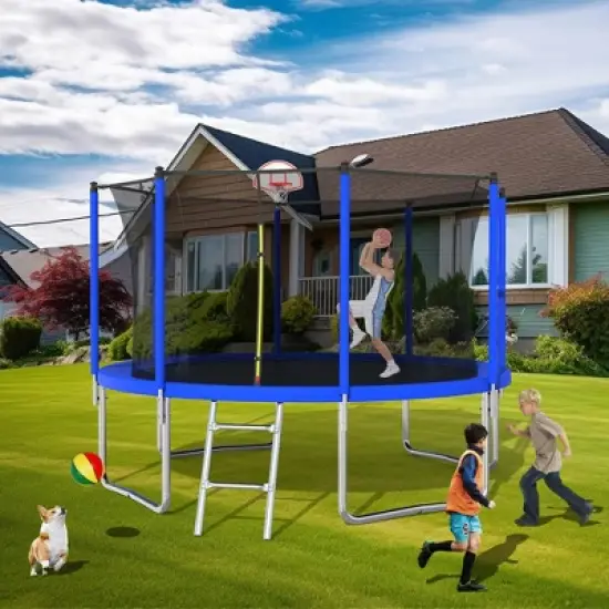 GDFStudio David Outdoor/Indoor Galvanized Steel Ladder Round Trampoline with Enclosure and Basketball Hoop image {7}