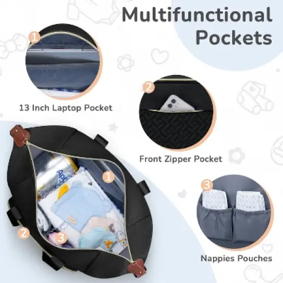 Itopfox Medium Black Diaper Tote Bag for Parents with Pacifier Case, 10 Pockets, Insulated Bottle Holders, Travel-Friendly image {2}