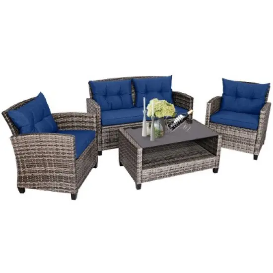 Tangkula 4PCS Rattan Furniture Set Coffee Table Cushioned Sofa Garden Lawn Patio Navy image {5}