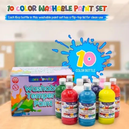4E's Novelty Washable Tempera Paint Set for Kids &ndash; 10 Bright Colors &ndash; 16oz Bottles Washable Paint image {4}