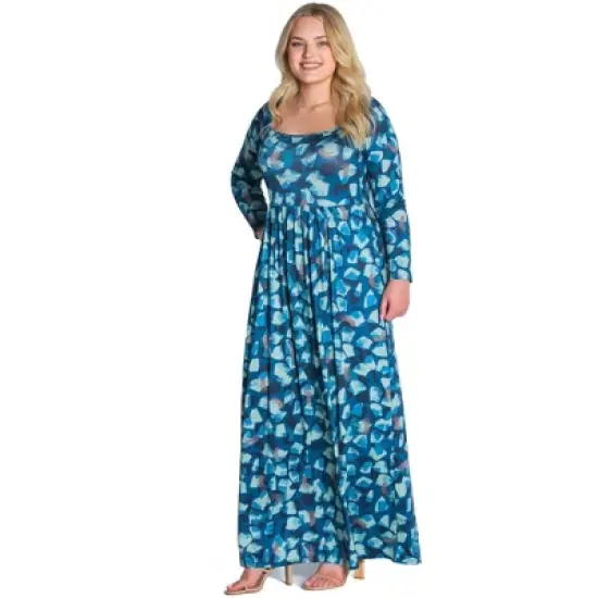 Womens Plus Size Blue Abstract Long Sleeve Pleated Maxi Dress image {3}
