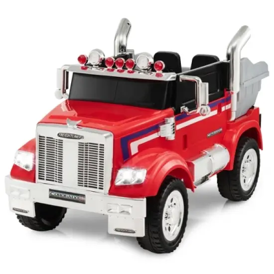Costway 12V Licensed Freightliner Kids Ride On Truck Car RC w/ Dump Box & Lights Red\Blue image {10}