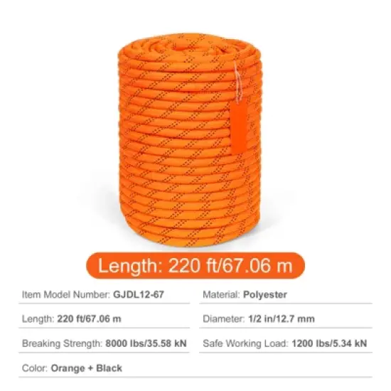VEVOR Dual-Weave Polyester Cord, 1/2 inch x 220 feet, 48-Strand, 8000 LBS Tensile Strength, Multi-Use Outdoor Rope, Orange/Black image {7}