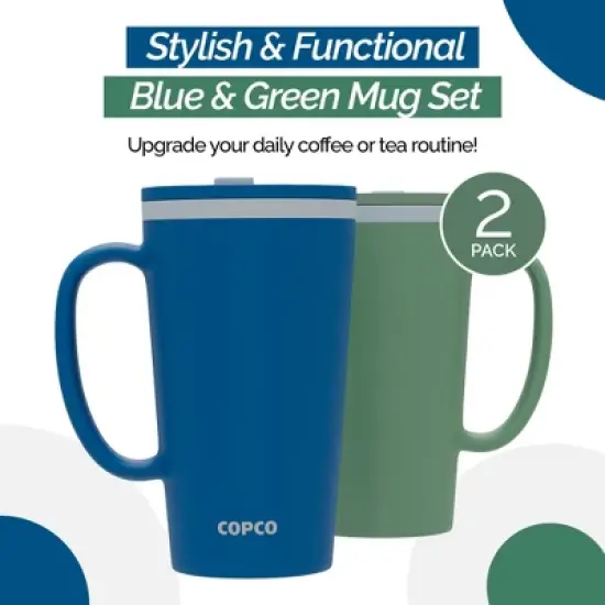 Copco Cone Travel Coffee Mug, 16 oz (Set of 2) - Insulated Drinkware with Spill-Proof Lid, Microwave & Dishwasher Safe - BPA-Free (Blue/Green) image {1}