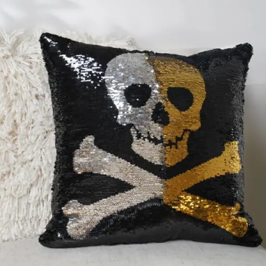 18"x18" Skull and Crossbones Halloween Square Throw Pillow Gold/Silver/Black - Lush D&eacute;cor image {3}