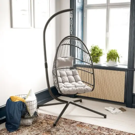 Merrick Lane Foldable Woven Hanging Egg Chair in Gray with Removable Gray Cushions and Stand for Indoor and Outdoor Use image {6}