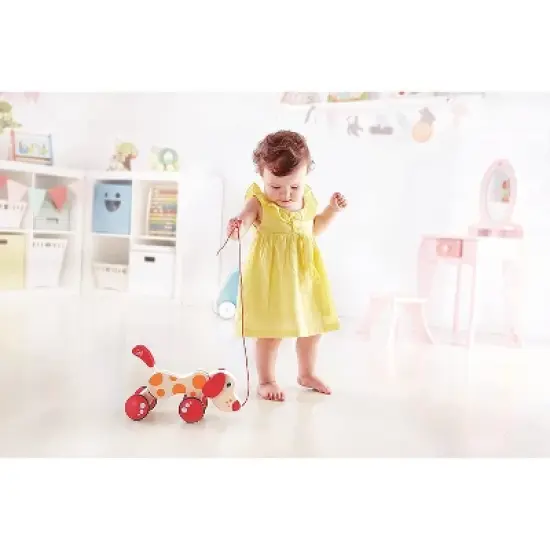 Hape Walk A Long Pepe the Puppy Wooden Push Pull Toy Can Sit, Stand, Roll, with Rubber Rimmed Wheels, for Toddlers Ages 1 and Up, Red and Orange image {4}