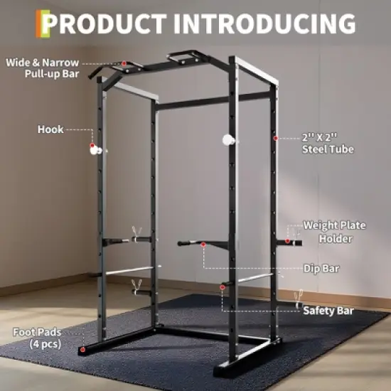 Power Cage Squat Rack with 1100LB Capacity, Adjustable Safety Bars, Pull-Up Bar Included, Heavy Duty Strength Training Power Rack for Home Workouts image {3}