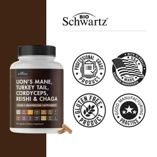 13in1 Mushroom Complex Supplement, Organic Lions Mane, Reishi, Turkey Tail, Cordyceps & more for Energy, Focus & Memory Support, Bioschwartz, 90ct image {4}