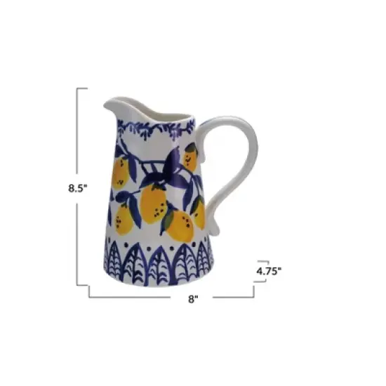 Storied Home 1.5-Quart Hand-Painted Stoneware Pitcher with Lemons, White, Blue and Yellow image {1}