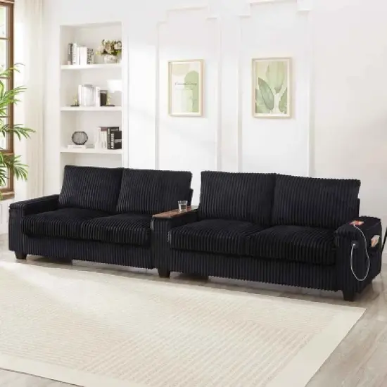 4-Seater Sofa Couch with Hidden Arm Storage, Sofa with USB Ports and Flip-Top Cup Holders, Corduroy Sofa with Plywood Frame-Cuddlewood image {1}