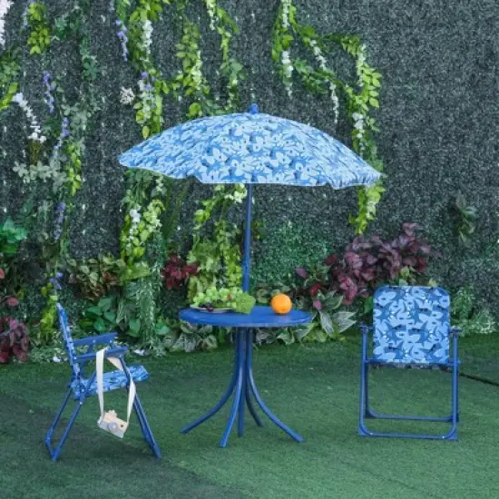 Outsunny Kids Folding Picnic Table and Chair Set Shark Pattern Outdoor Garden Patio Backyard with Removable & Height Adjustable Sun Umbrella image {2}