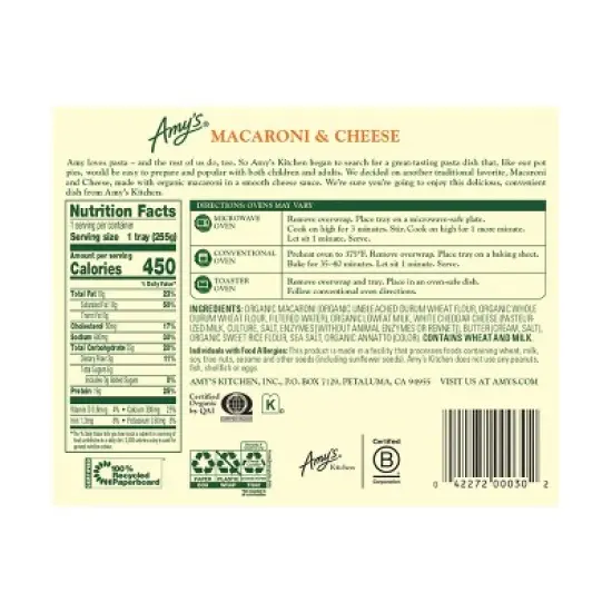 Amy's Frozen Organic Macaroni & Cheese - 9oz image {1}