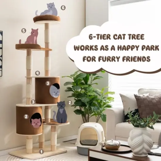 Costway 75'' Multi-layer Wooden Cat Tree Indoor Tower Activity Play Center with 2 Condos image {3}