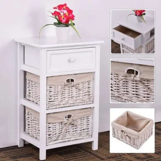 Costway 2PCS Night Stand 3 Tiers 1 Drawer Bedside End Table Organizer Wood W/2 Baskets image {1}