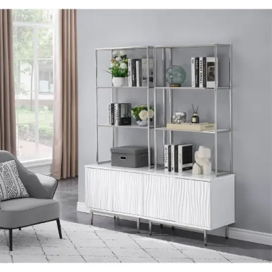 70" Waves Coastal Bookcase with Storage Cabinet Glossy White - Treasure Trove Accents image {5}