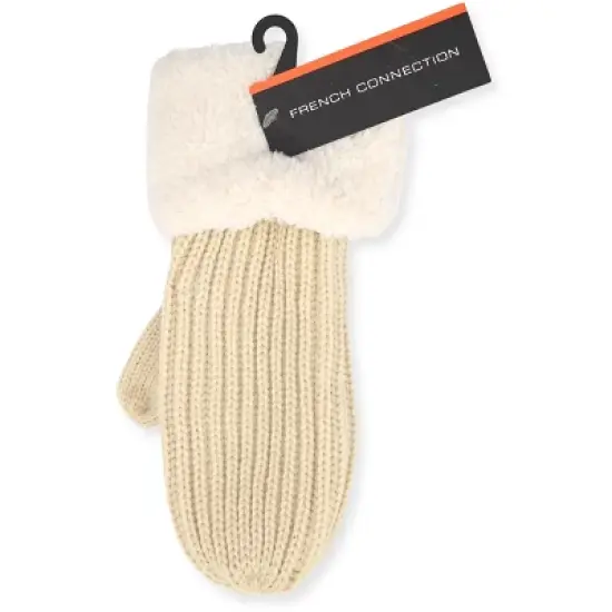 French Connection Women's Knit Mittens with Plush Faux Pile High Fleece Cuff - Cozy Winter Gloves for Maximum Warmth and Style in Cream image {4}
