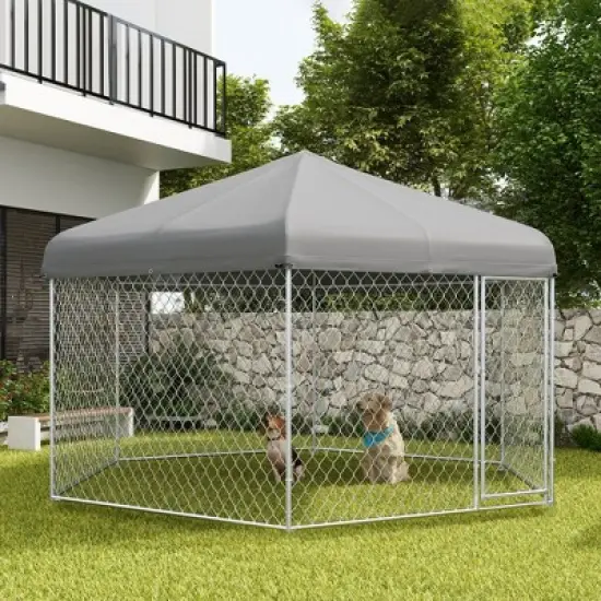 PawHut Dog Kennel, Outdoor Dog Run with Waterproof, UV Resistant Roof for Medium and Large-Sized Dogs, Silver image {1}