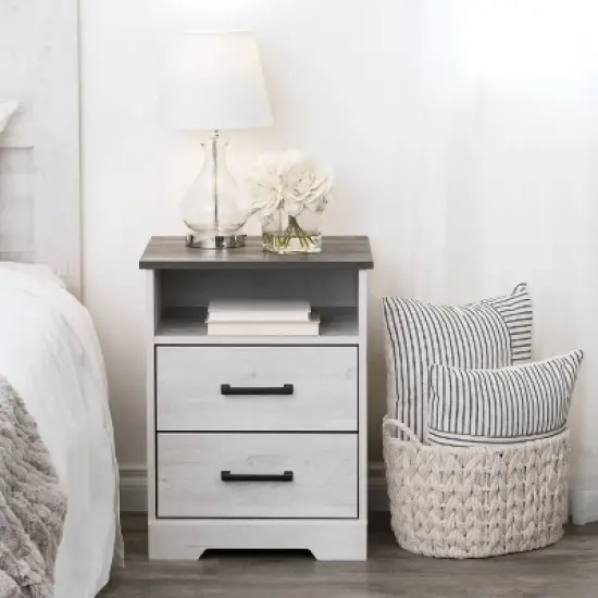 Prepac Rustic Ridge Farmhouse Nightstand with 2 Drawers and Open Cubby Washed White image {3}