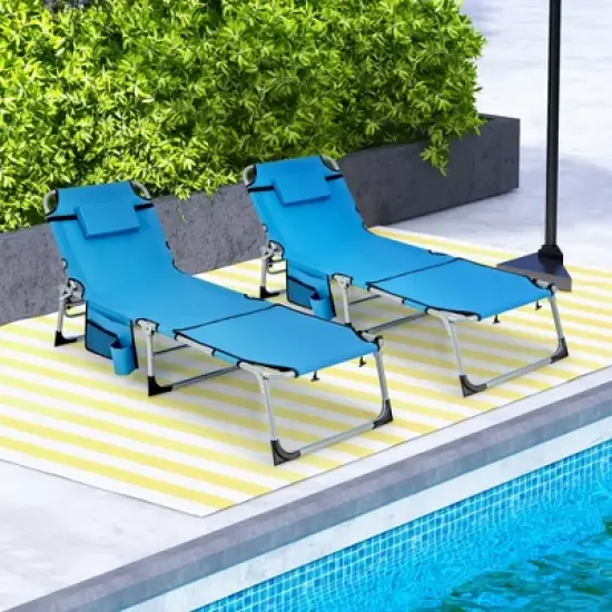 Costway Outdoor Folding Chaise 5-Position Lounge Chair with Face Hole &Adjustable Footrest Blue/Black/Beige/Navy Blue image {4}