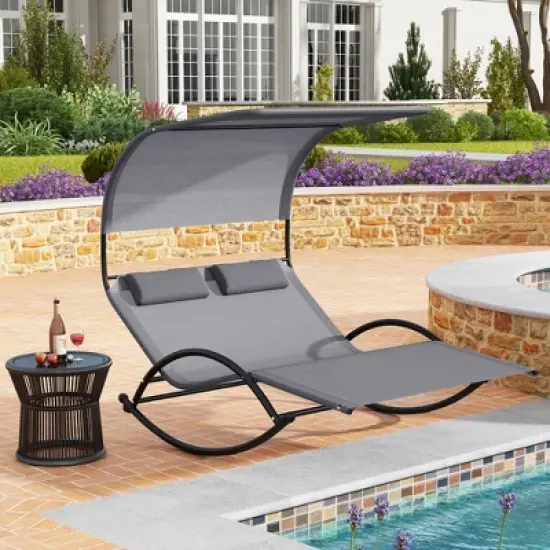 Tangkula Outdoor Double Chaise Rocker Rocking Daybed Sun Lounger w/ Sun Shade Canopy image {9}