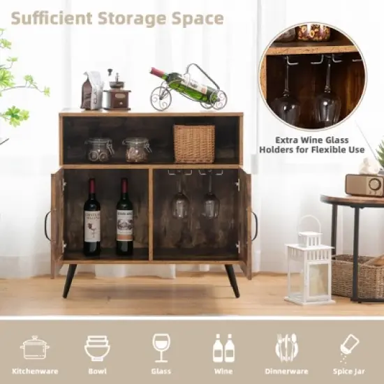 Costway Mid-century Storage Cabinet Sideboard w/ Doors Wine Glass Racks Rustic Brown image {5}