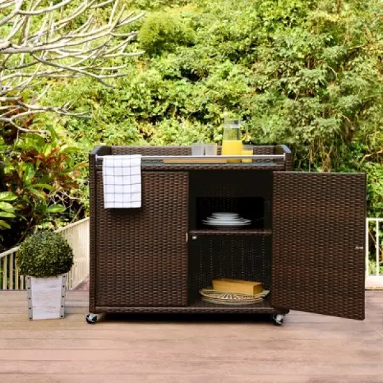 Teamson Home 39.5" Veronica Rolling Outdoor PE Rattan Bar Cart with Storage, Brown image {2}