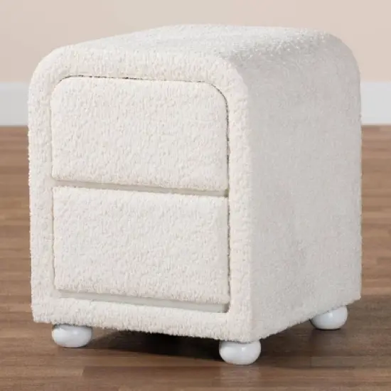 Baxton Studio Bonilla Teddy Bear Fabric and Rubberwood 2 Drawer Nightstand White: Polyester, MDF, Modern Design image {7}