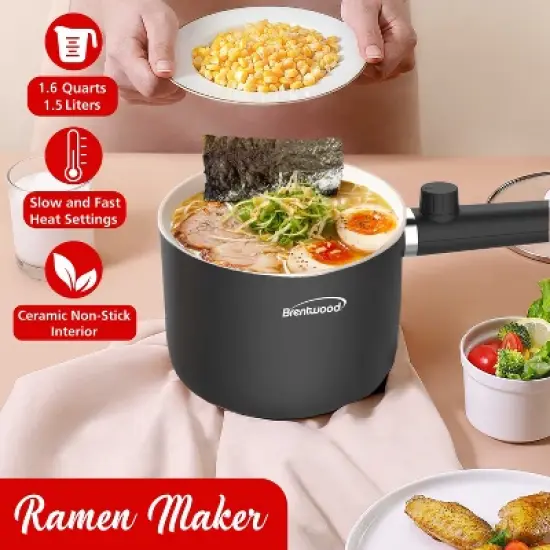 Brentwood 600-Watt 1.6-Qt. Multifunction Electric Hot Pot Cooker with Ceramic Non-Stick Ceramic Coating and Stainless-Steel Food Steamer, Black image {7}