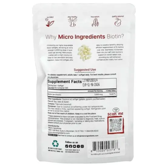 Micro Ingredients Biotin, 5,000 mcg, 365 Softgels image {1}