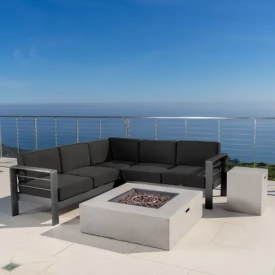 Christopher Knight Home Cape Coral Outdoor Aluminum 5 Seater Sectional Sofa Chat Set with 50000 BTU Fire Pit image {13}
