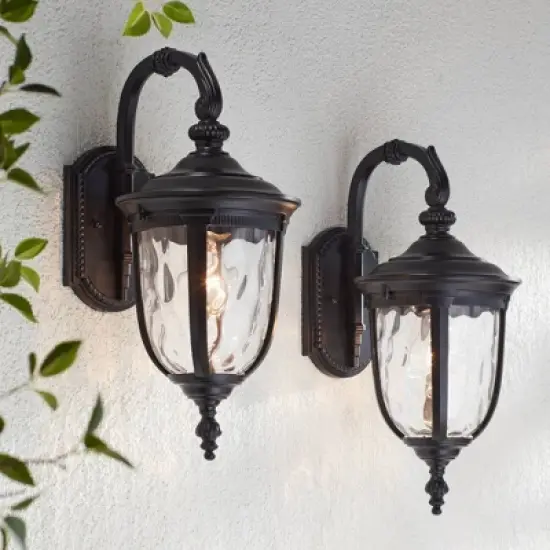 John Timberland Bellagio Vintage Outdoor Wall Light Fixtures Set of 2 Texturized Black Downbridge 16 1/2" Clear Hammered Glass for Post Exterior Barn image {1}