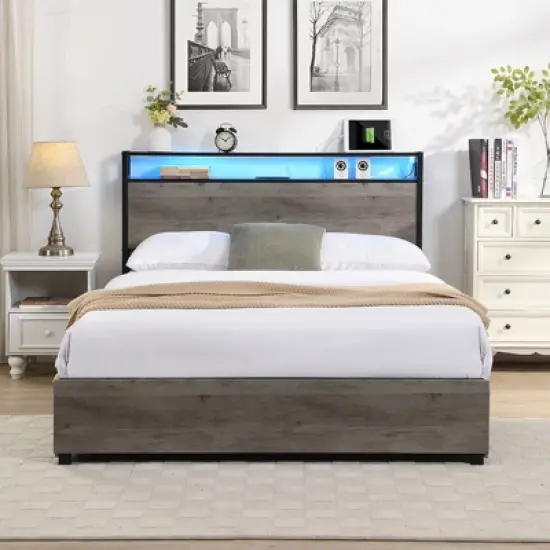Okak Platform Bed Frame with Storage Headboard Bed with Charger Station and LED Light No Box Spring Needed Noise-Free Metal Slats image {2}