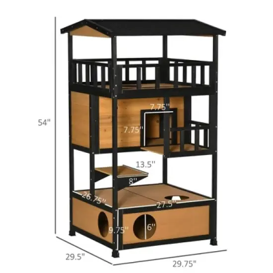 Resenkos Wooden Outdoor Cat House, Feral Cat Shelter Kitten Condo with Asphalt Roof, Escape Doors, Condo, Jumping Platform, Yellow image {6}