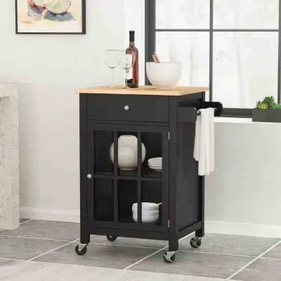 Maynard Contemporary Glass Paneled Kitchen Cart Natural/Black - Christopher Knight Home image {1}