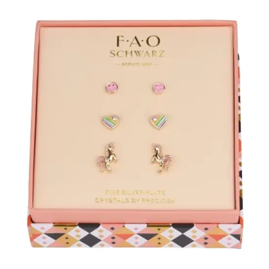 FAO Schwarz Gold Tone Unicorn and Heart Trio Earring Set image {1}