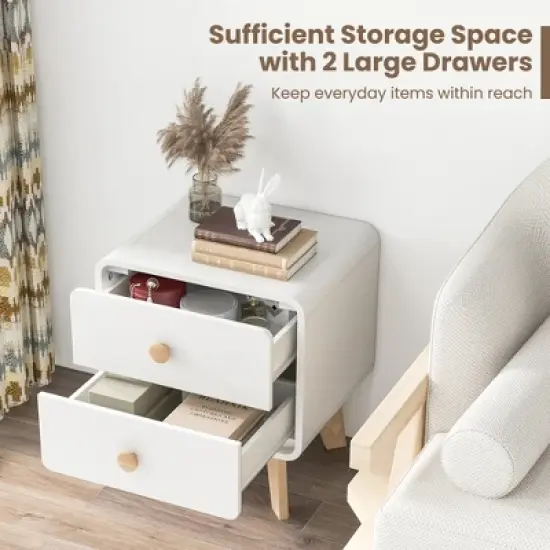 Costway 1/2 PCS Nightstand Mid Century Modern Bedside Table with 2 Drawers Solid Rubber Wood Legs White image {6}