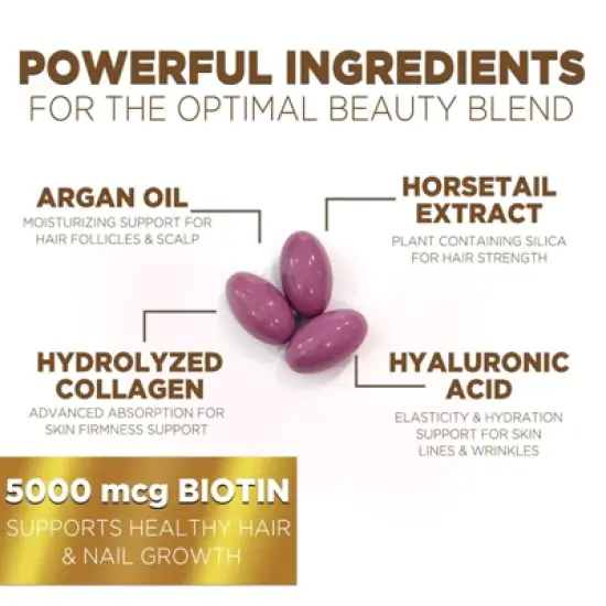 Hair Vitamins Women 5000mcg - Biotin, Collagen & PABA, Womens Hair Growth, Skin, Nails & Keratin Support - 60 Softgels By Nature's Nutrition image {2}