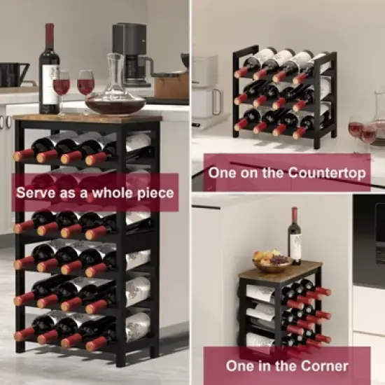 Itopfox 6-Tier Bamboo Wine Rack Freestanding Floor, 24 Bottles Wine Storage Shelves with Table Top, Stackable Display for Kitchen, Bar Rustic Brown image {3}