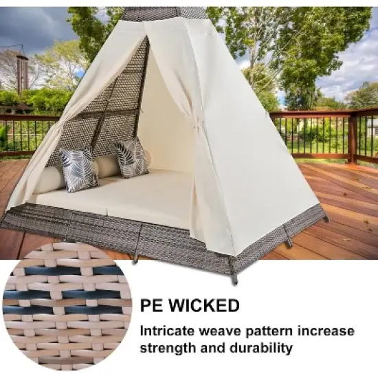 Zevemomo Outdoor Daybed with Colorful Pillows, Rattan Wicker Patio Sunbed Furniture Seating with Soft Cushions for Poolside Backyard, Brown Beige image {4}