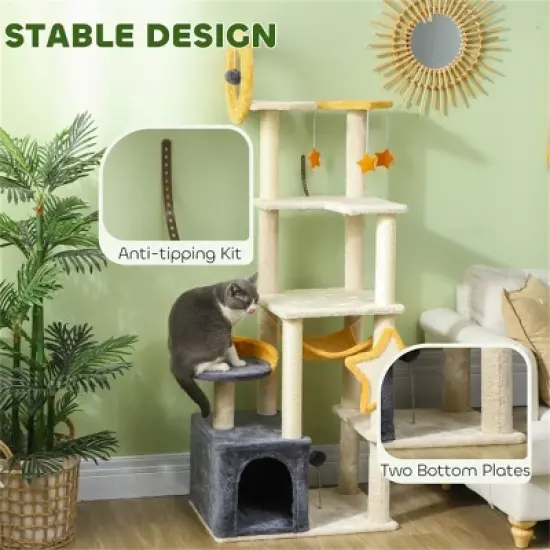 DOMETOUR 63 Inch Cute Cat Tree Cat Tower for Kitty, Cat Climbing Frame with Scratching Post, Cat Condo, Plush Perch, Hammock image {4}