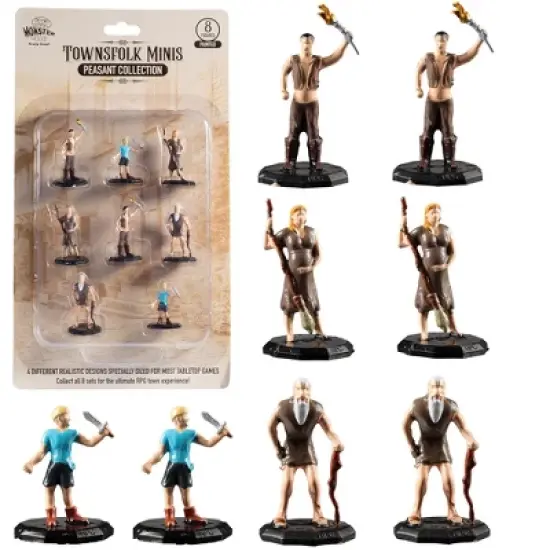 Monster Townsfolk Mini Fantasy Figures - 8pc Hand-Painted Peasant Non Player Character NPC Miniatures - 1" image {1}