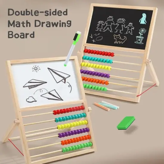 2-in-1 Kids Wooden Art Easel with Abacus  Foldable Montessori Learning Toy for Toddlers, Educational Drawing Board with Colorful Counting Beads image {6}