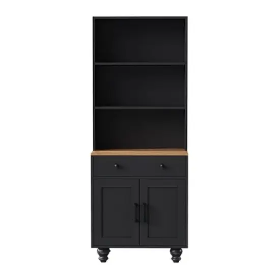 63.00"Farmhouse Storage Cabinet with 4 Solid Wood Gourd-Shaped Legs, Modern Kitchen Pantry Cabinet with Adjustable Shelves, Black image {15}