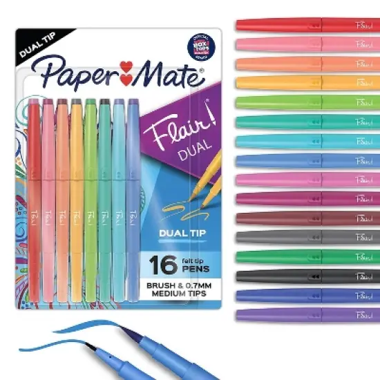 Paper Mate Flair! DUAL Calligraphy Pens Brush/Medium Tips Assorted Colors 16/Pack (2181607) image {1}