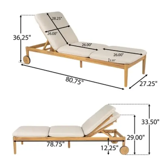 Chaise Lounge Chair With Wheels for Patio, Wood Frame Recliner With Cushions Set of 2 for Poolside Relaxing-Maison Boucle image {2}