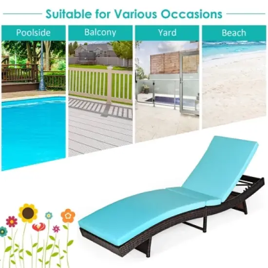 Costway Patio Rattan Folding Lounge Chair Chaise Adjustable W/White\Turquoise Cushion image {4}