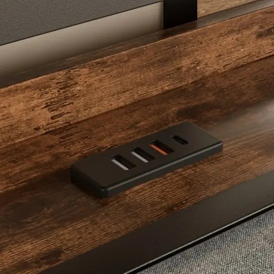 VECELO Full/Queen Upholstered Bed Frame with Storage End of Bed Bench, Platform Bed with Headboard & Charging Station, LED Lights, Gray image {5}