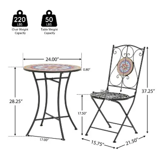 Christopher Knight Home Priscilla 3 Pieces Outdoor Ceramic Tile and Iron Foldable Bistro Set, Black/Red image {2}